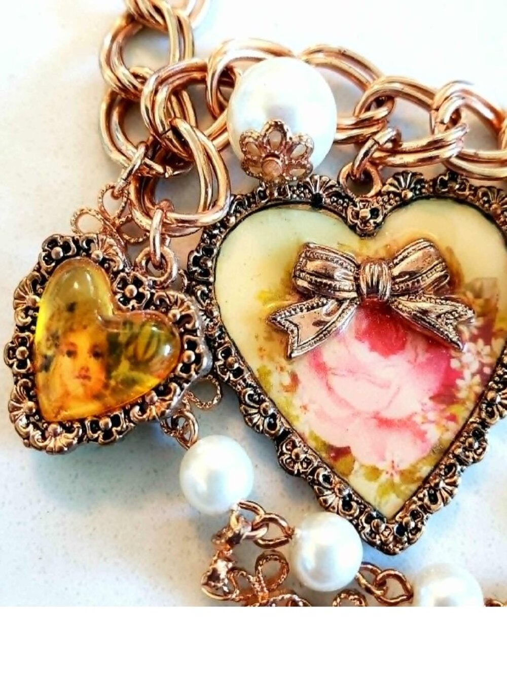 Vintage Betsey Johnson Necklace Y2K Victorian Pink Rose Cherub Pearl Think Of Me - Picture 2 of 10